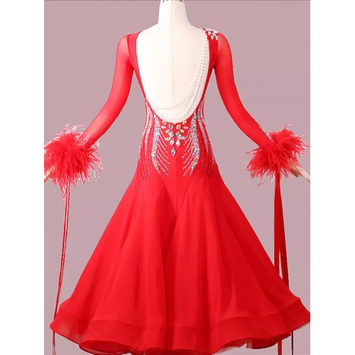 Custom size Red color competition feather ballroom dance dress for women girls Ballroom waltz tango dancing foxtort smooth national standard dance gown for female